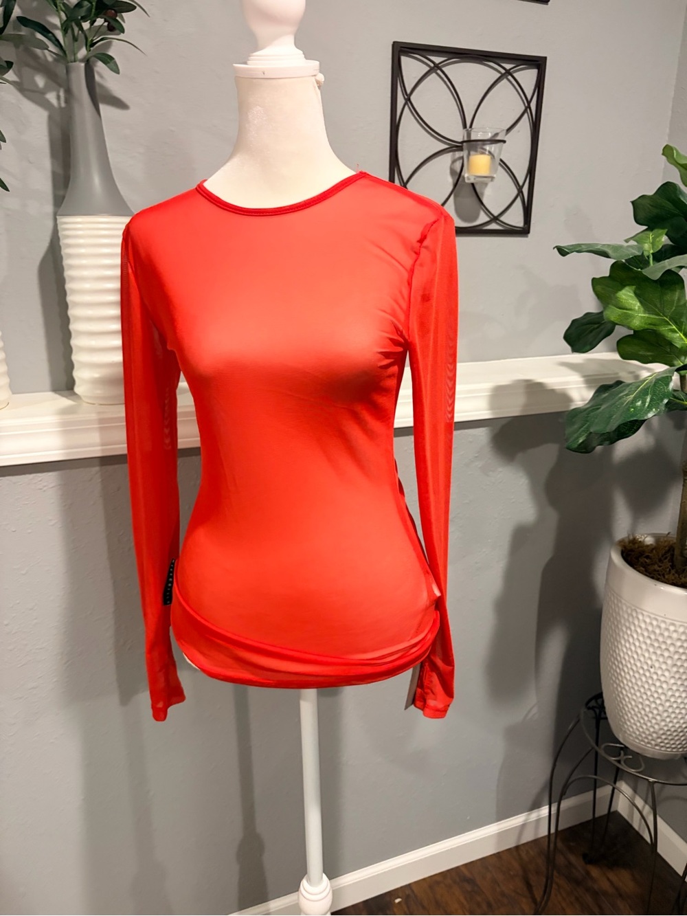 Missguided Red Long Sleeve Mesh Top